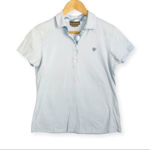 Ariat Woman Polo Size M Blue Short Sleeve Shirt V Neck Pop Up Collar Western